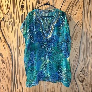 Raviya Sheer Blue and Green Embellished tunic / swim cover. Size: L